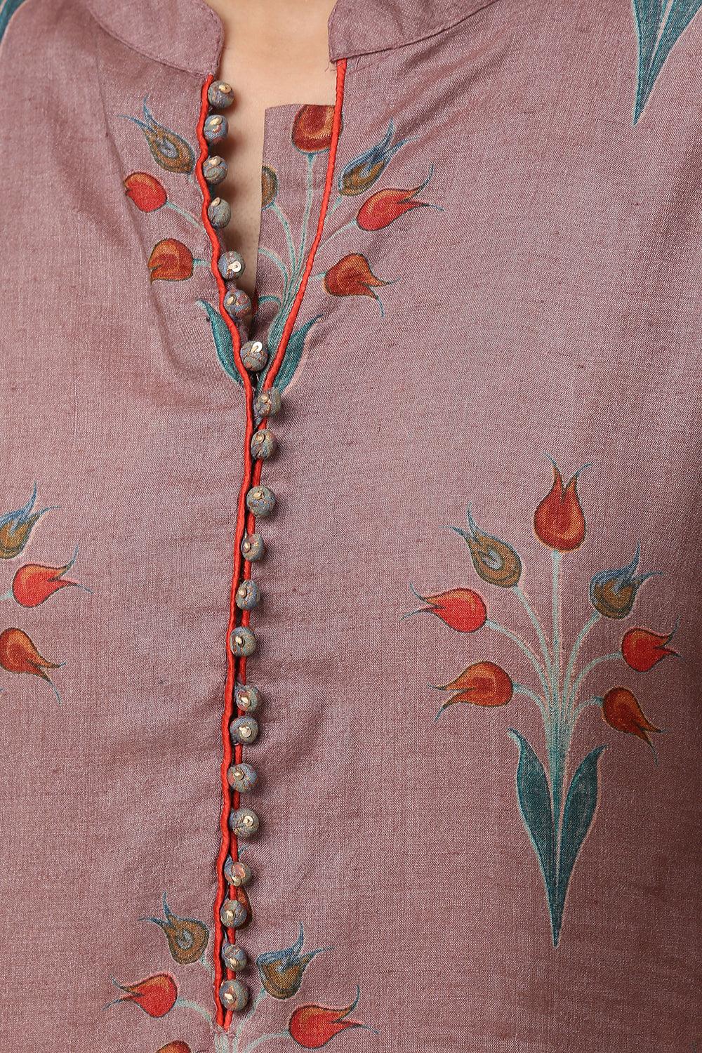 Mauve Tussar Silk Kurta with Silk Pants & Silk Printed Dupatta - Tahiliya