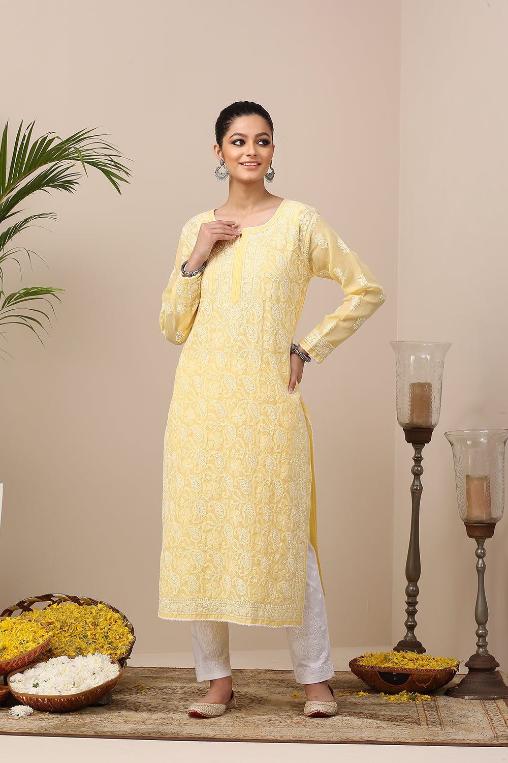 Yellow Chikankari Mul Cotton Designer Kurta with Slip - Set of 2