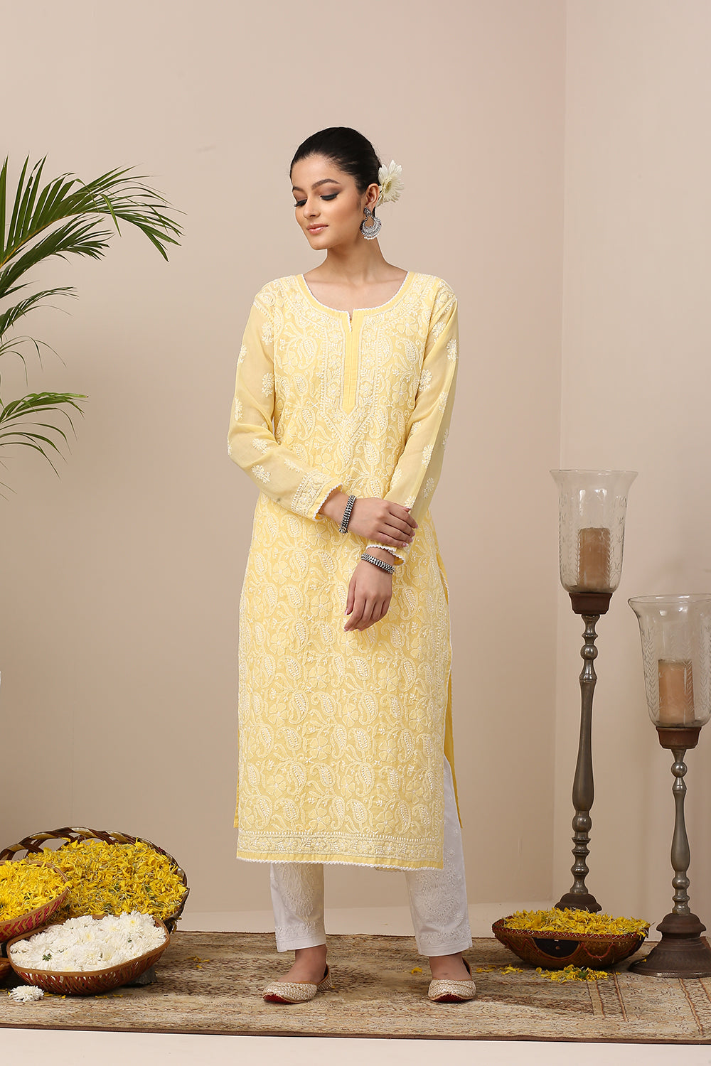 Yellow Chikankari Mul Cotton Designer Kurta with Slip - Set of 2