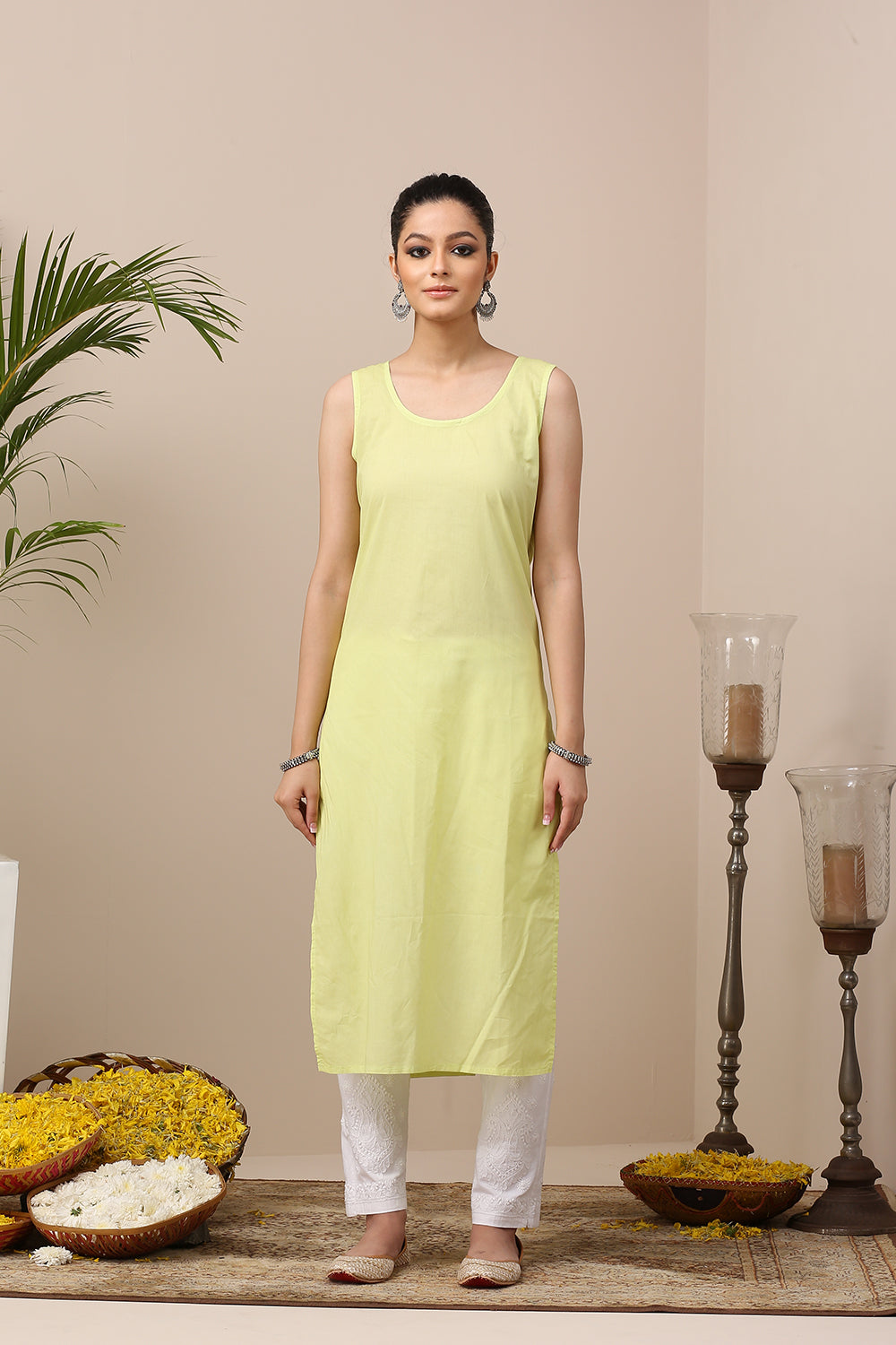 Yellow Chikankari Mul Cotton Designer Kurta with Slip - Set of 2