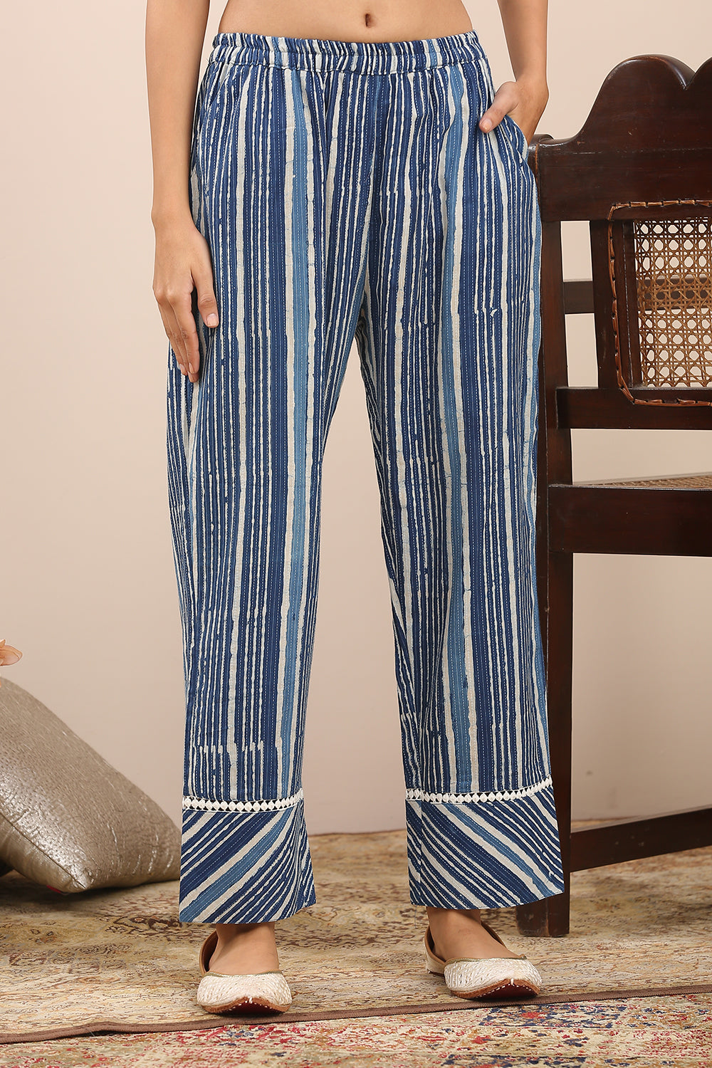 Indigo Blue Striped Farsi Cotton Kantha Pants