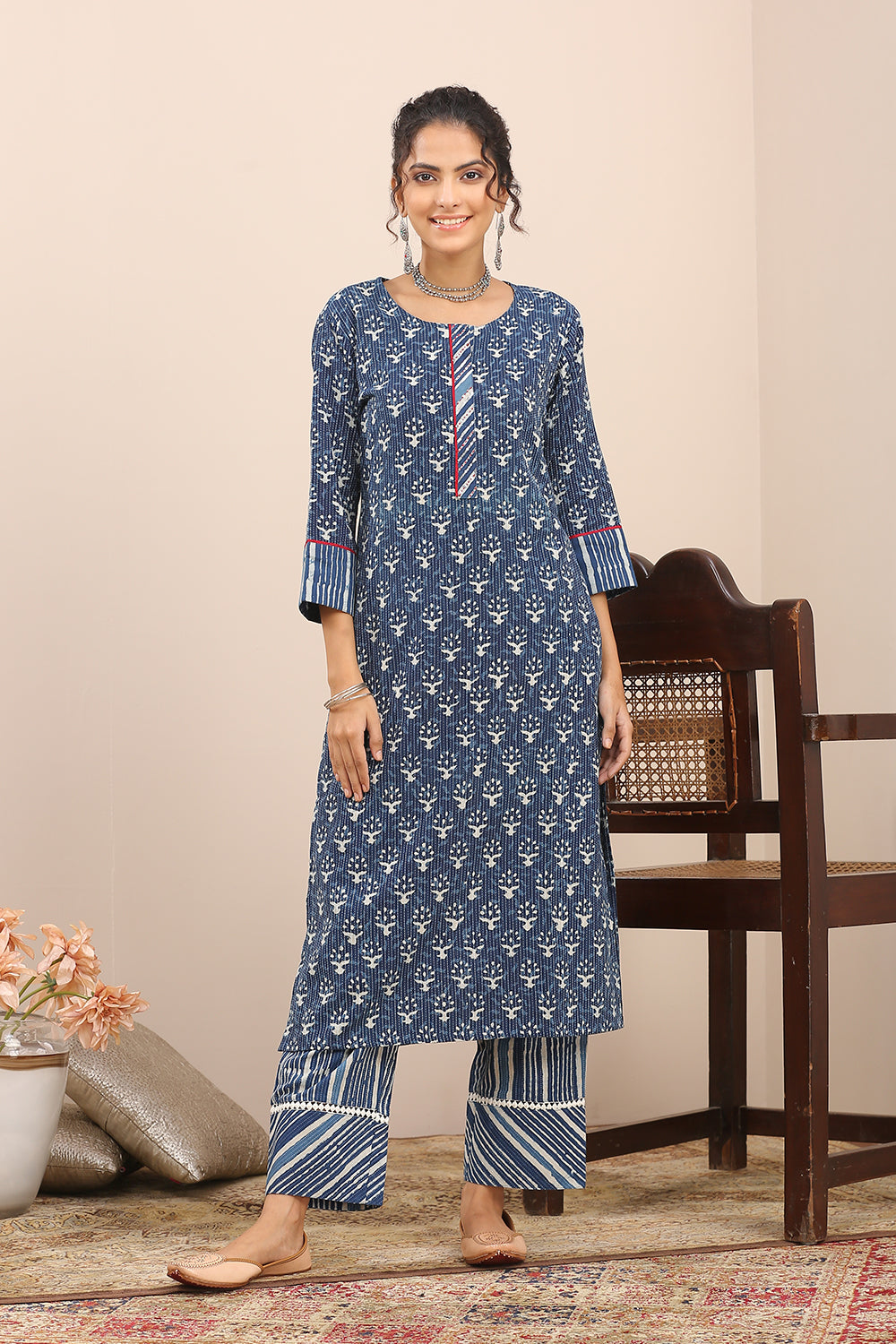 Indigo Blue Hand Block Printed Kantha Cotton Kurta
