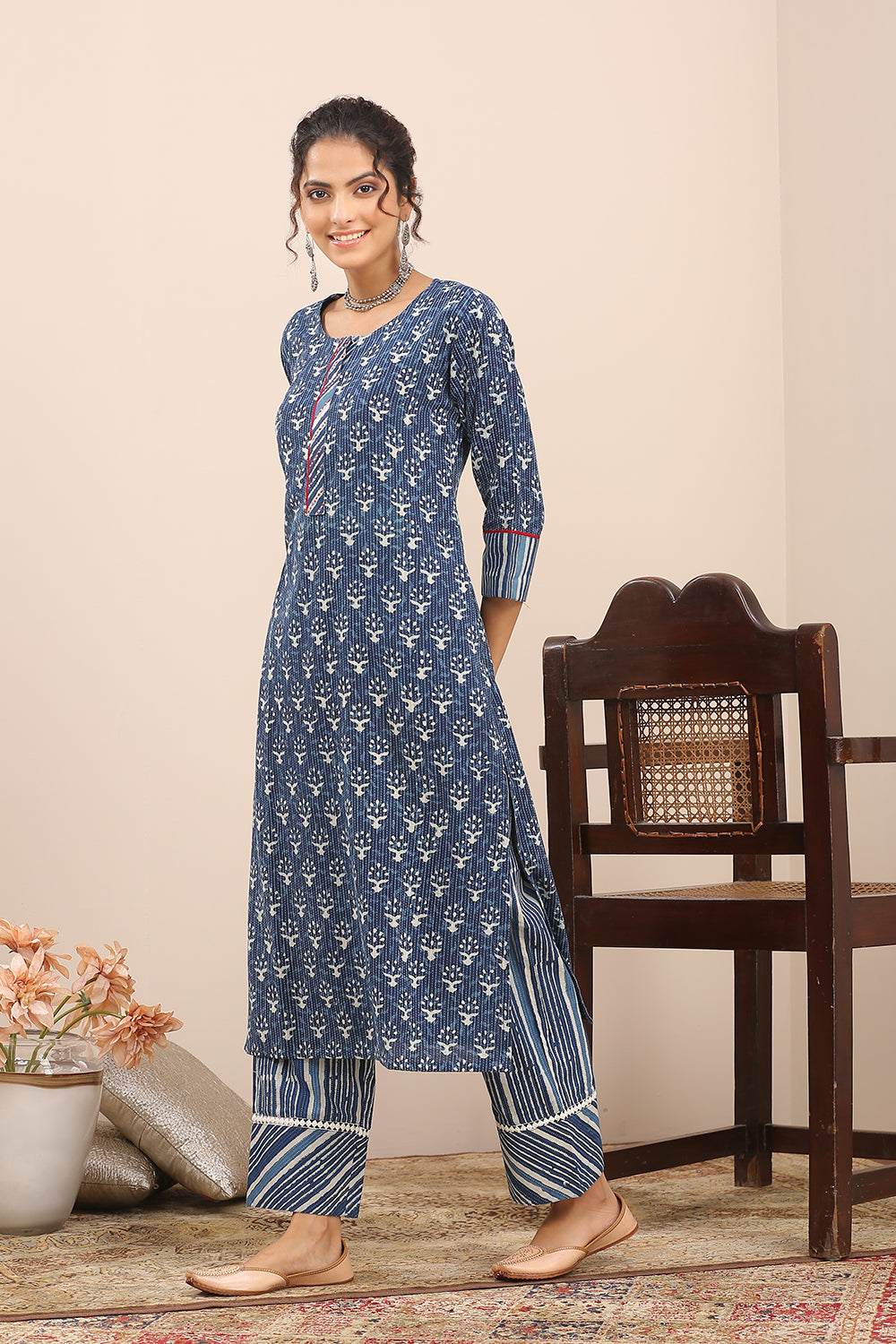 Indigo Blue Hand Block Printed Kantha Cotton Kurta