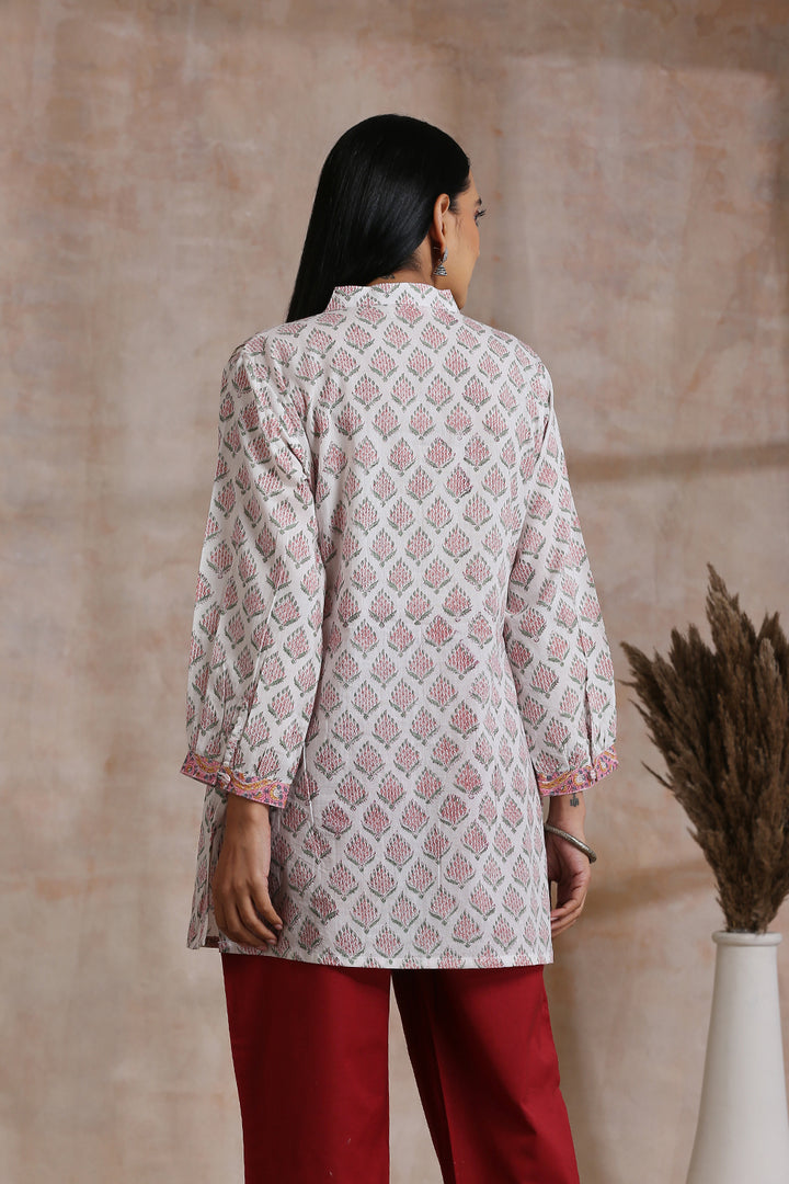 White Hand Block Printed Cotton Pleated Tunic - Tahiliya