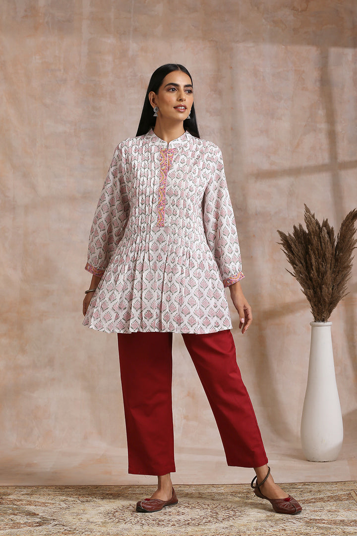 White Hand Block Printed Cotton Pleated Tunic - Tahiliya