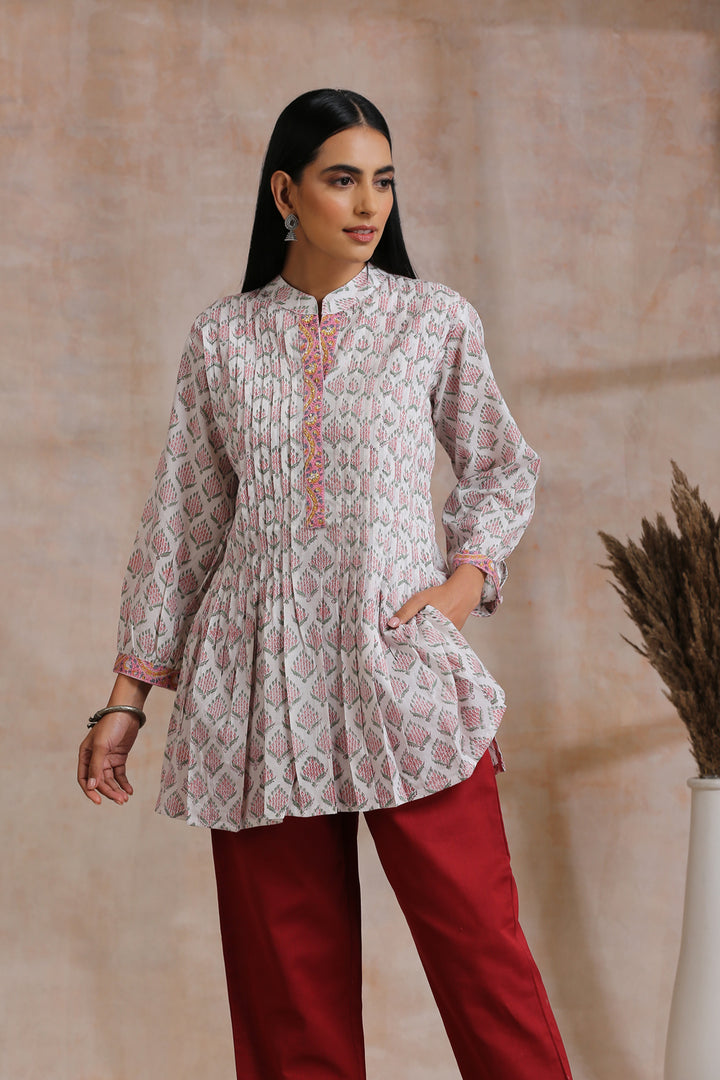 White Hand Block Printed Cotton Pleated Tunic - Tahiliya