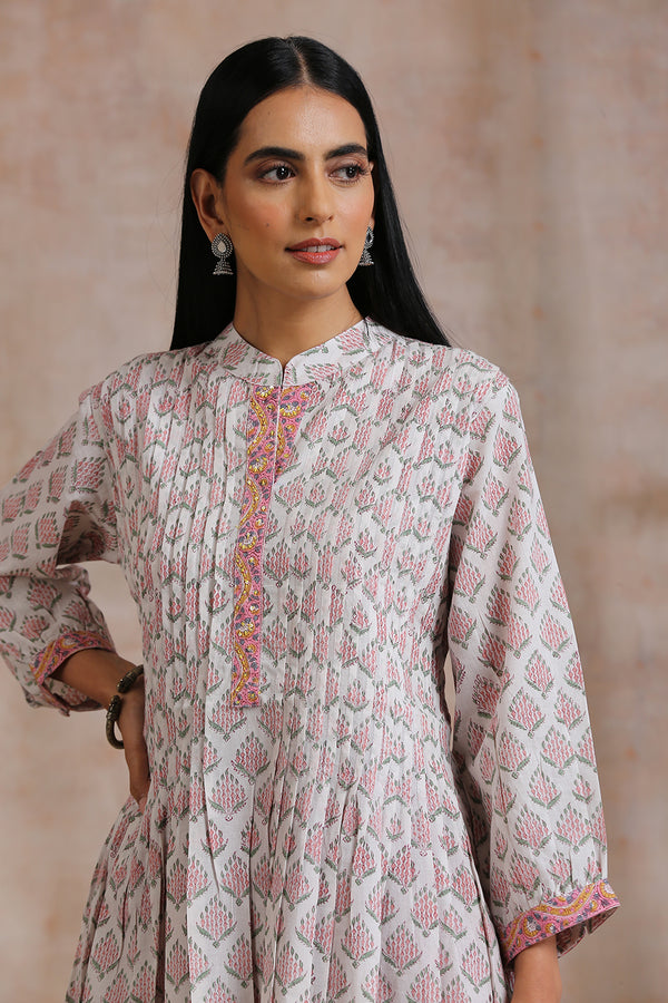 White Hand Block Printed Cotton Pleated Tunic - Tahiliya