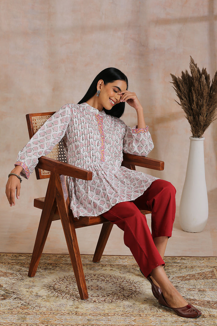 White Hand Block Printed Cotton Pleated Tunic - Tahiliya