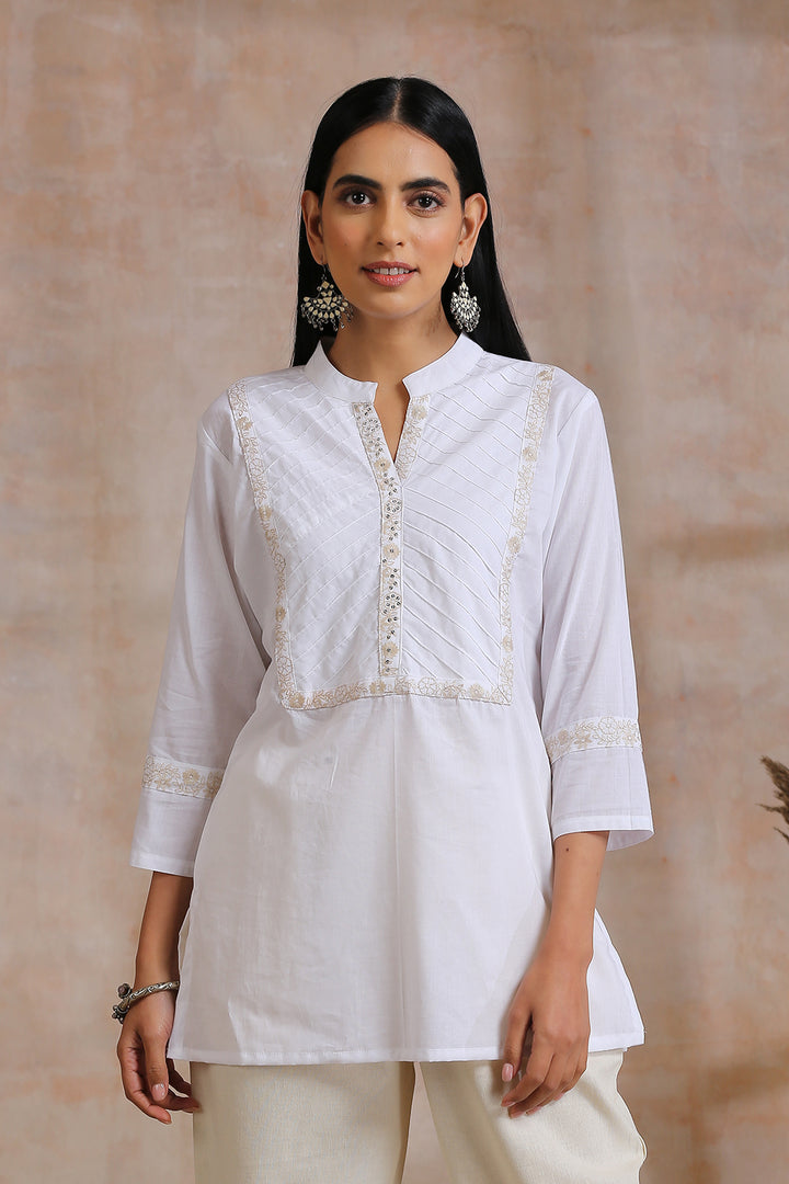 White Embroidered Pintuck Tunic - Tahiliya