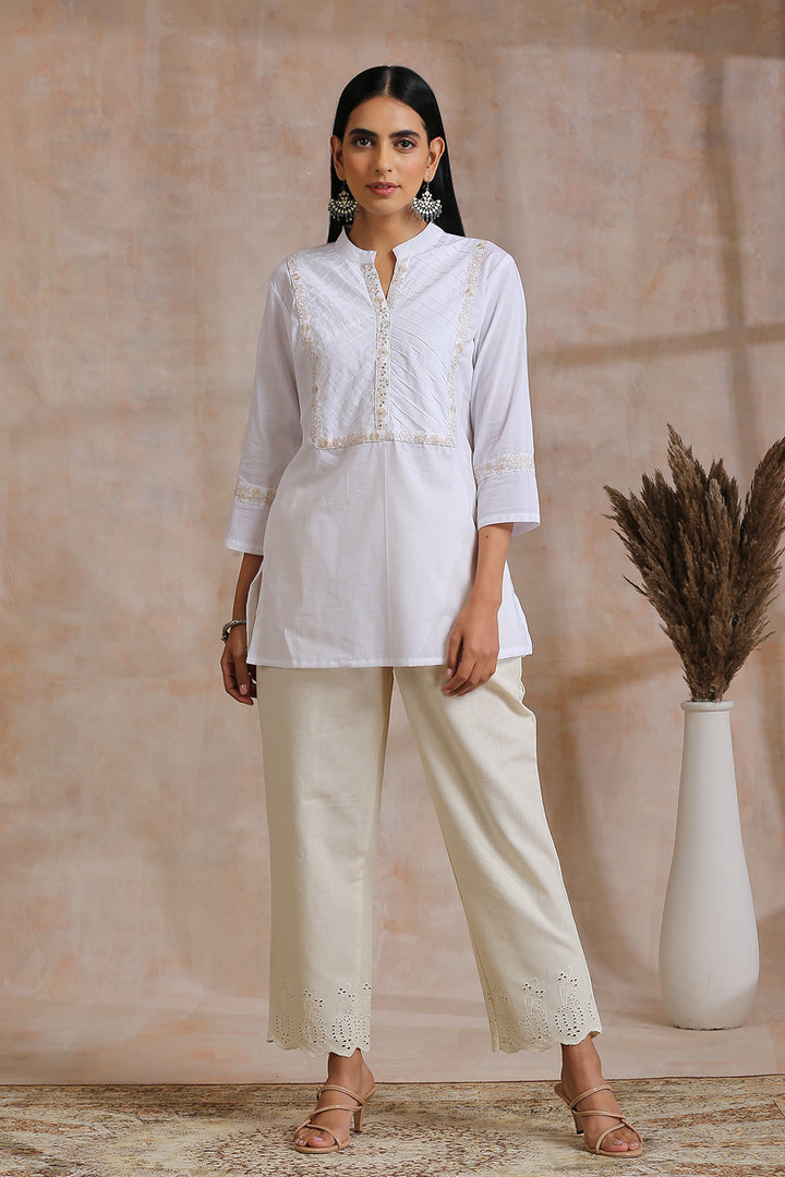 White Embroidered Pintuck Tunic - Tahiliya