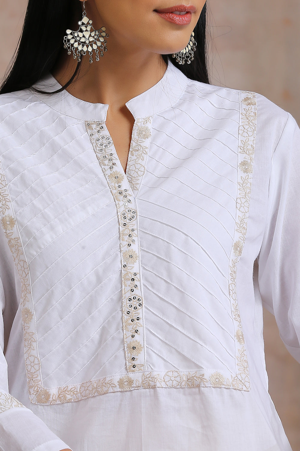 White Embroidered Pintuck Tunic