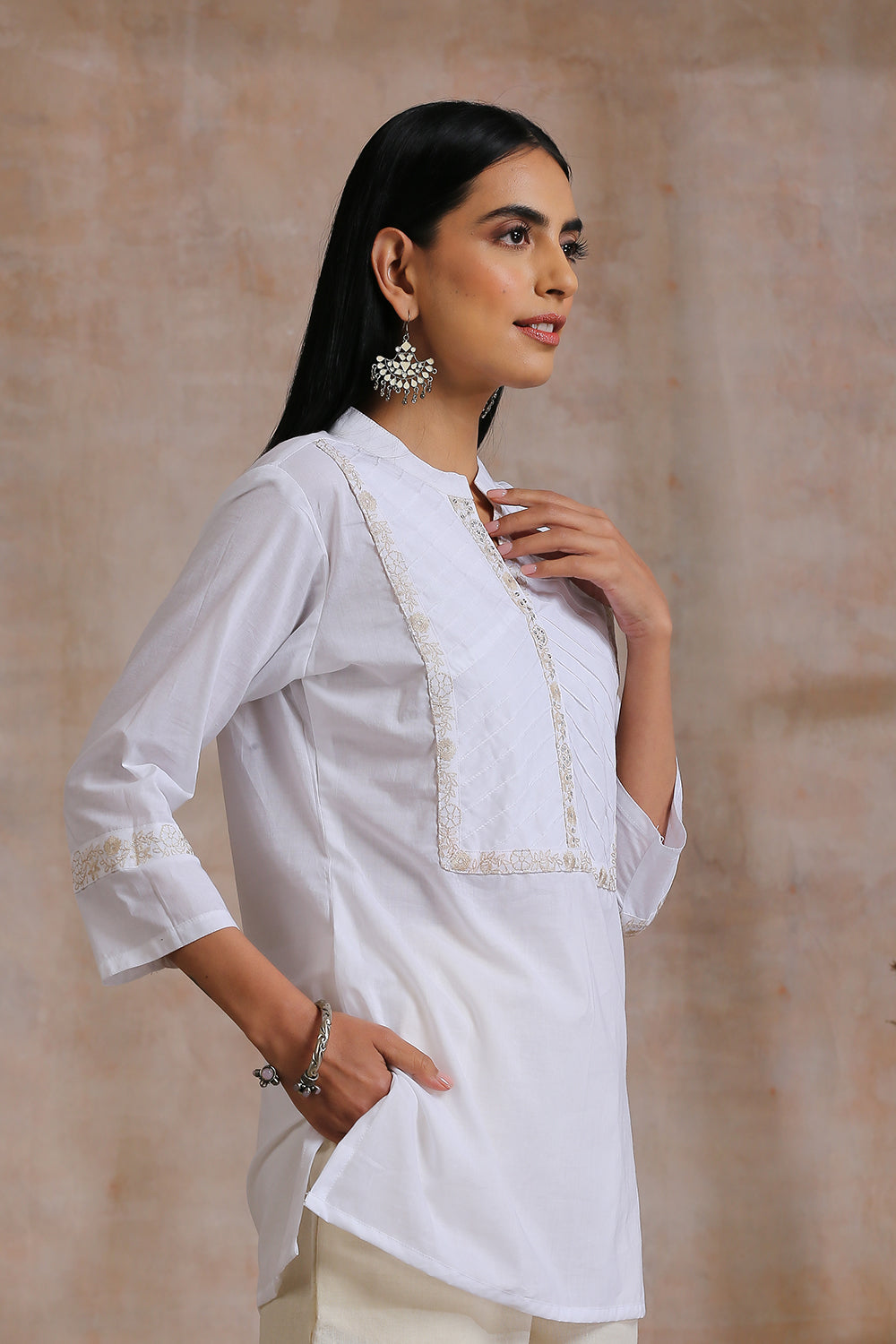 White Embroidered Pintuck Tunic