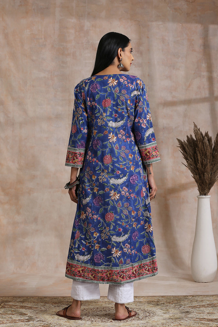 Royal Blue Hand Block Printed 'A' Line Kurta - Tahiliya