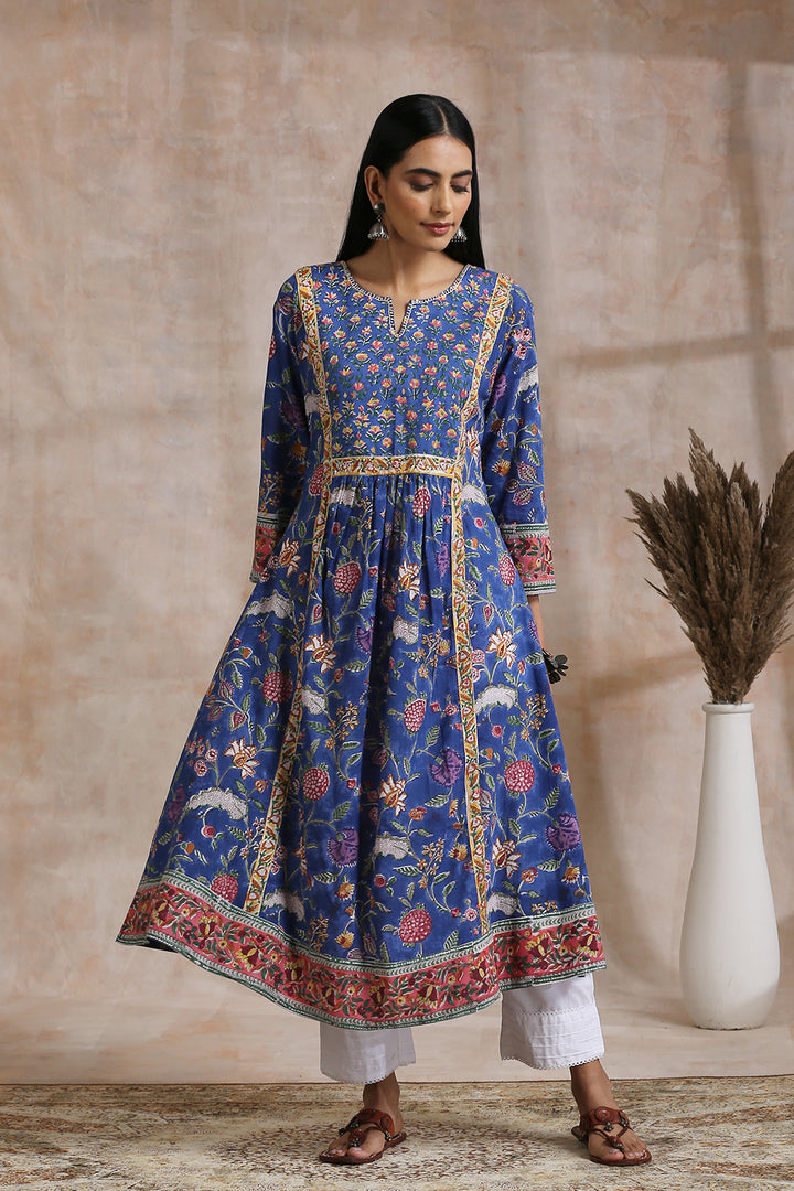 Royal Blue Hand Block Printed 'A' Line Kurta - Tahiliya