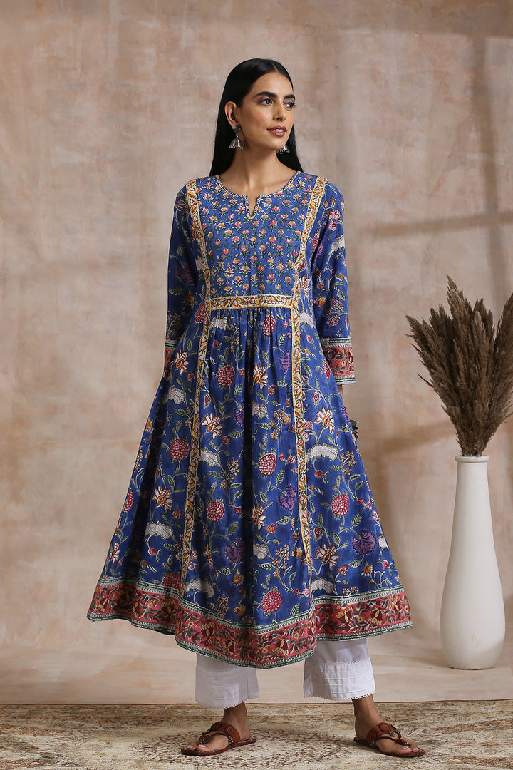 Royal Blue Hand Block Printed 'A' Line Kurta - Tahiliya