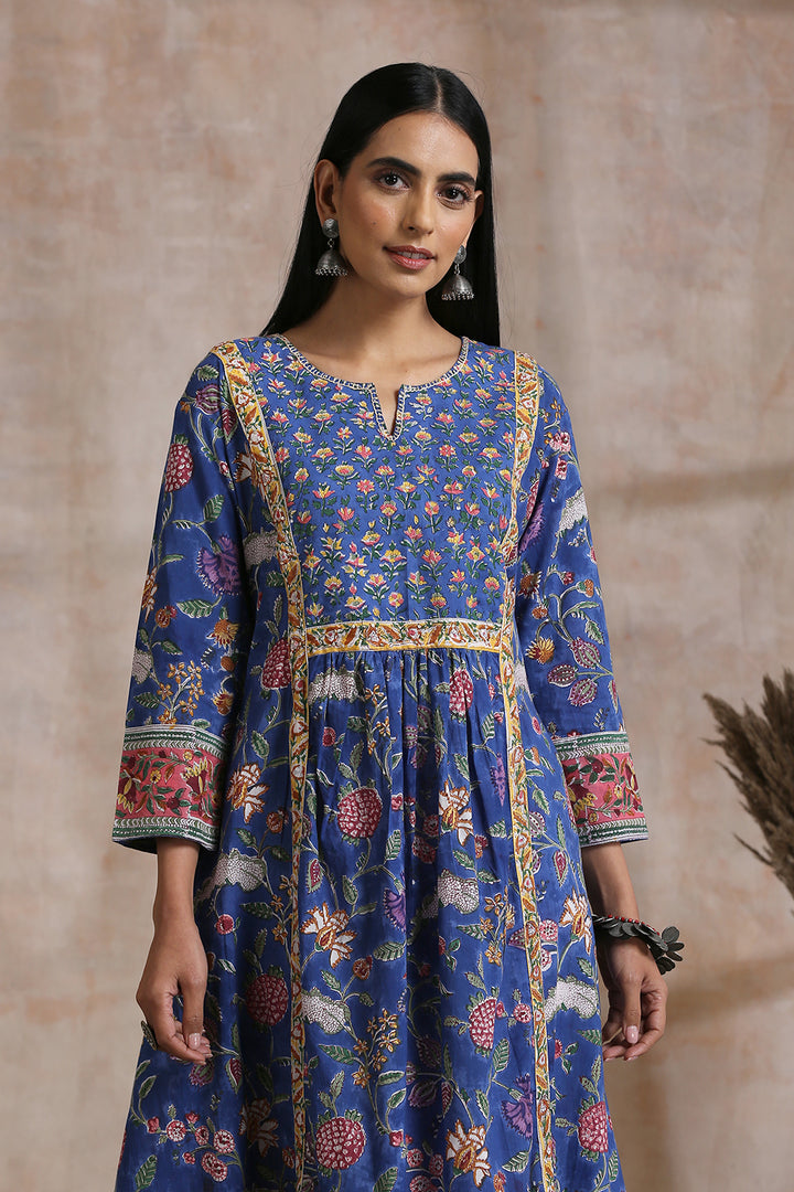 Royal Blue Hand Block Printed 'A' Line Kurta - Tahiliya