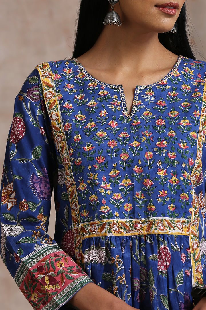 Royal Blue Hand Block Printed 'A' Line Kurta - Tahiliya