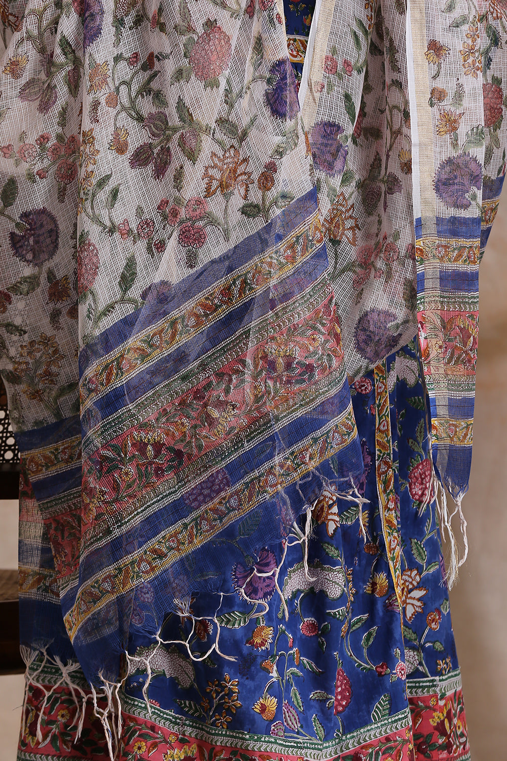 White/Royal Blue Hand Block Printed Kota Doria Dupatta