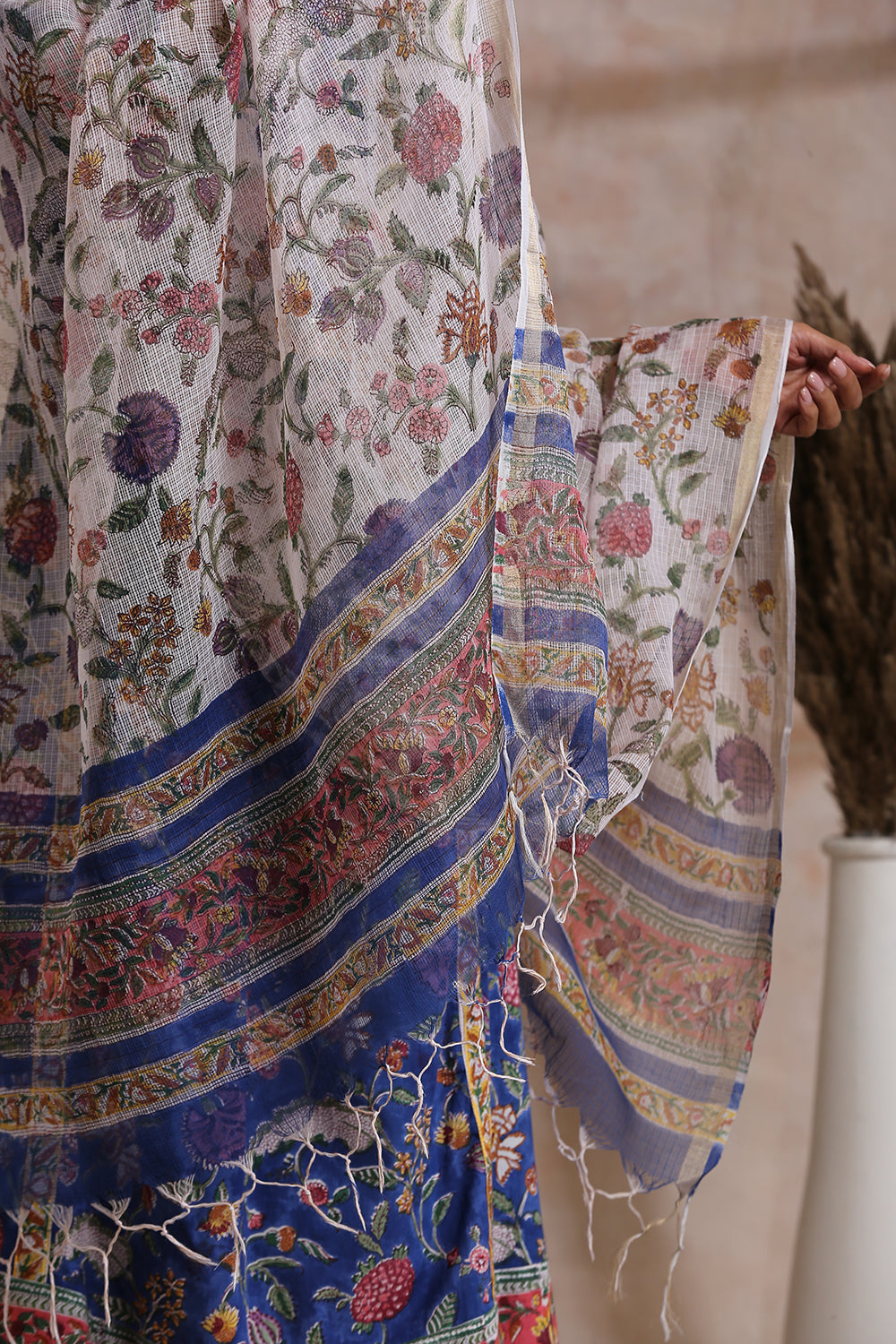 White/Royal Blue Hand Block Printed Kota Doria Dupatta