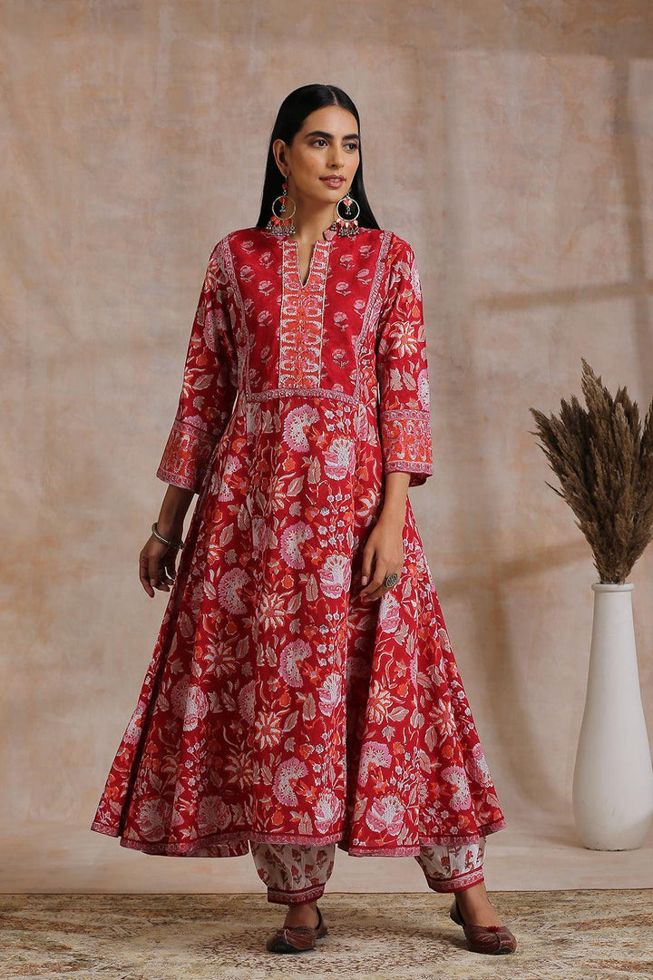 Red Hand Block Printed Sanganeri 'A' Line Kurta - Tahiliya