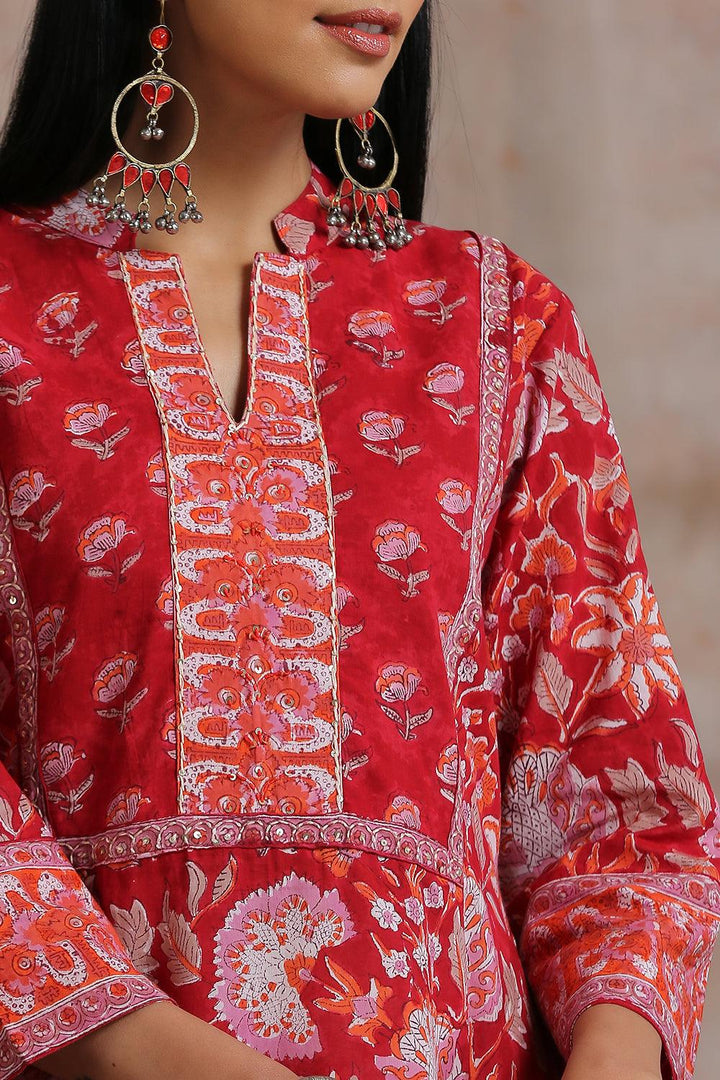 Red Hand Block Printed Sanganeri 'A' Line Kurta - Tahiliya