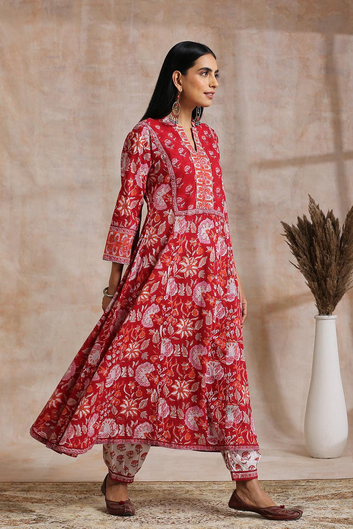 Red Hand Block Printed Sanganeri 'A' Line Kurta - Tahiliya