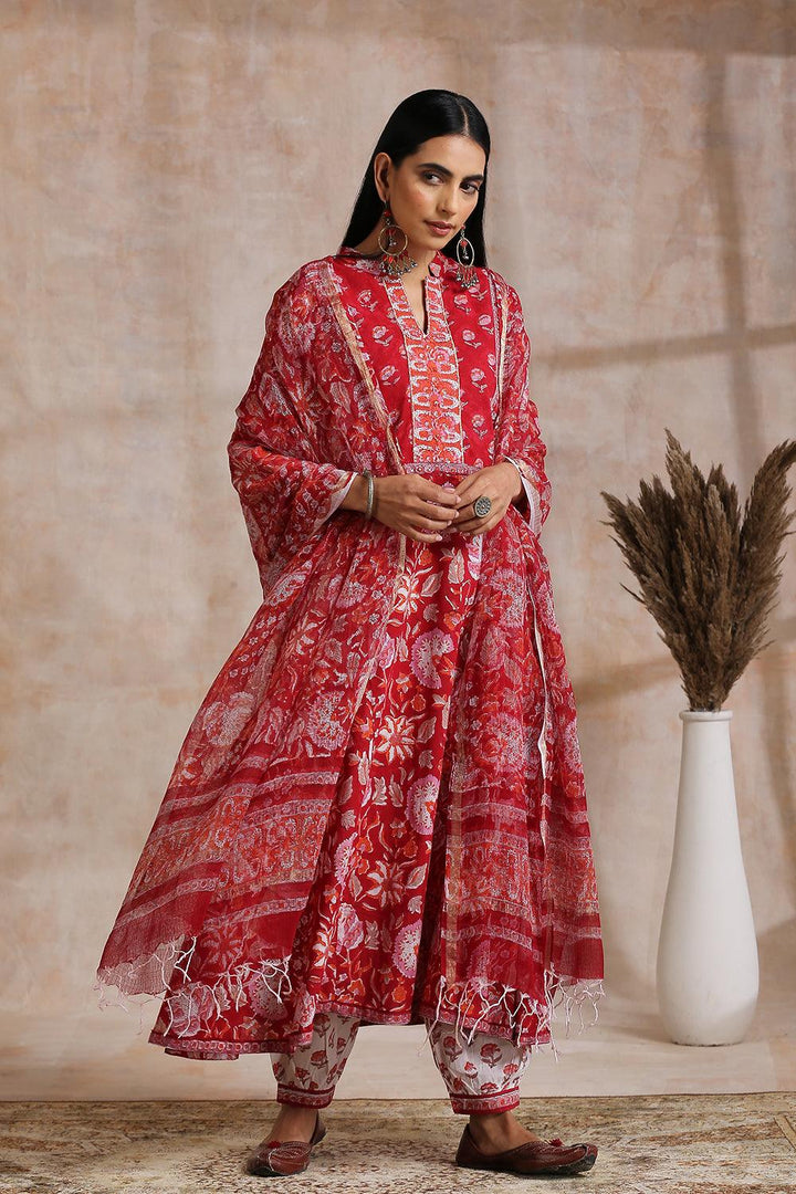 Red Hand Block Printed Sanganeri 'A' Line Kurta - Tahiliya