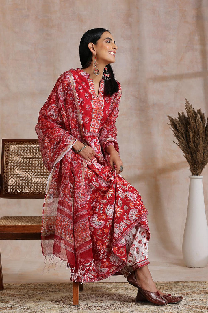 Red Hand Block Printed Sanganeri 'A' Line Kurta - Tahiliya