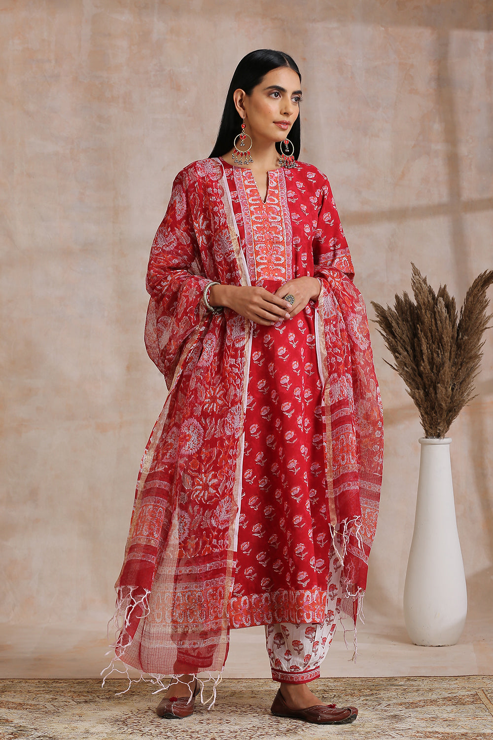 Red Hand Block Printed Kota Doria Dupatta