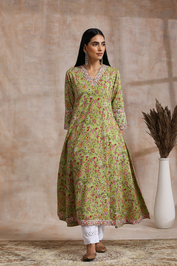 Green Sanganeri Hand Block Printed 'A' Line Kurta - Tahiliya