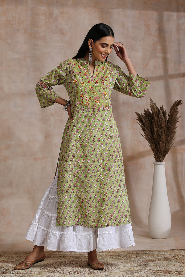 Green Sanganeri Hand Block Printed Kurta