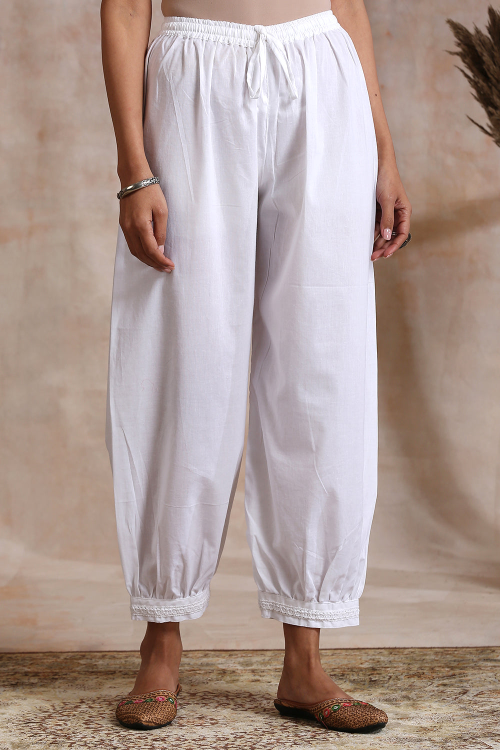 White Cotton Tulip Pant with Lace – Mera Rang