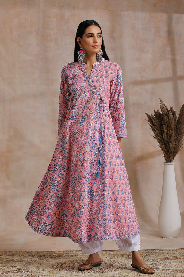 Pink Hand Block Printed Angrakha Kurta