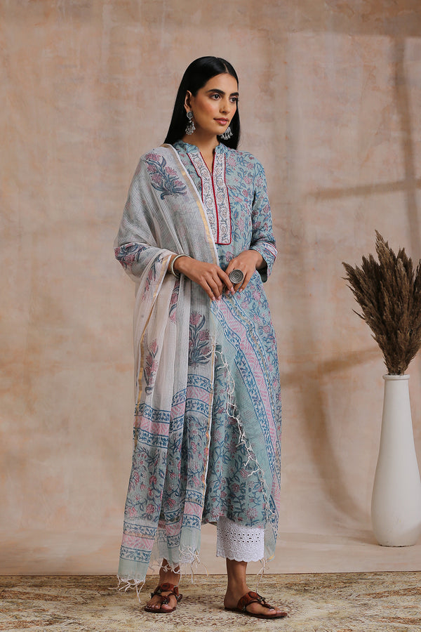 Teal Blue/Pink Hand Block Printed Kota Doria Dupatta - Tahiliya