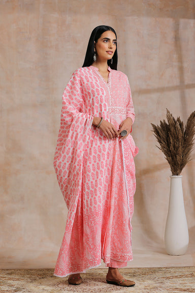 Pink Hand Block Printed Cotton Dupatta - Tahiliya