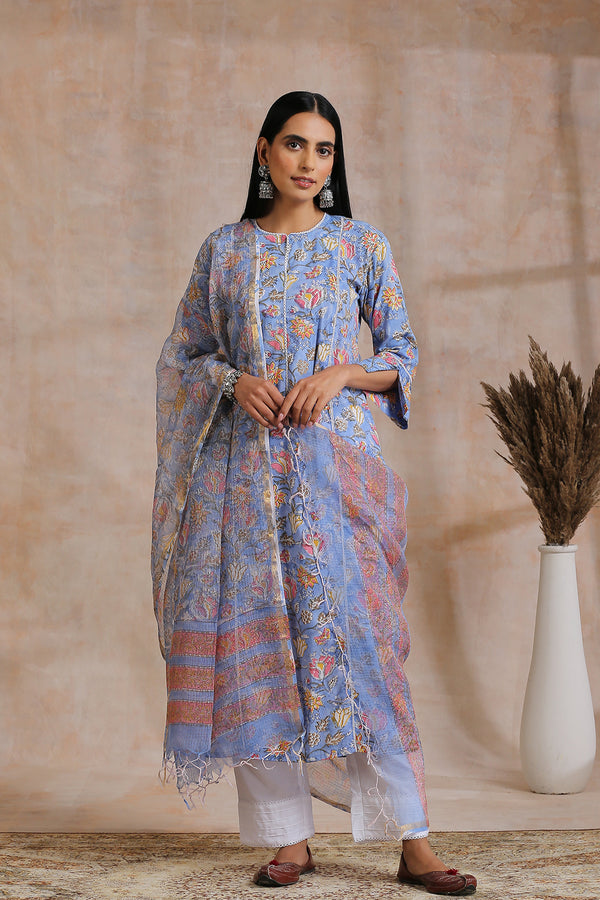 Blue/Pink Hand Block Printed Kota Doria Dupatta