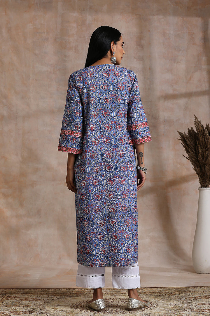 Blue Hand Block Printed Sanganeri Kurta - Tahiliya