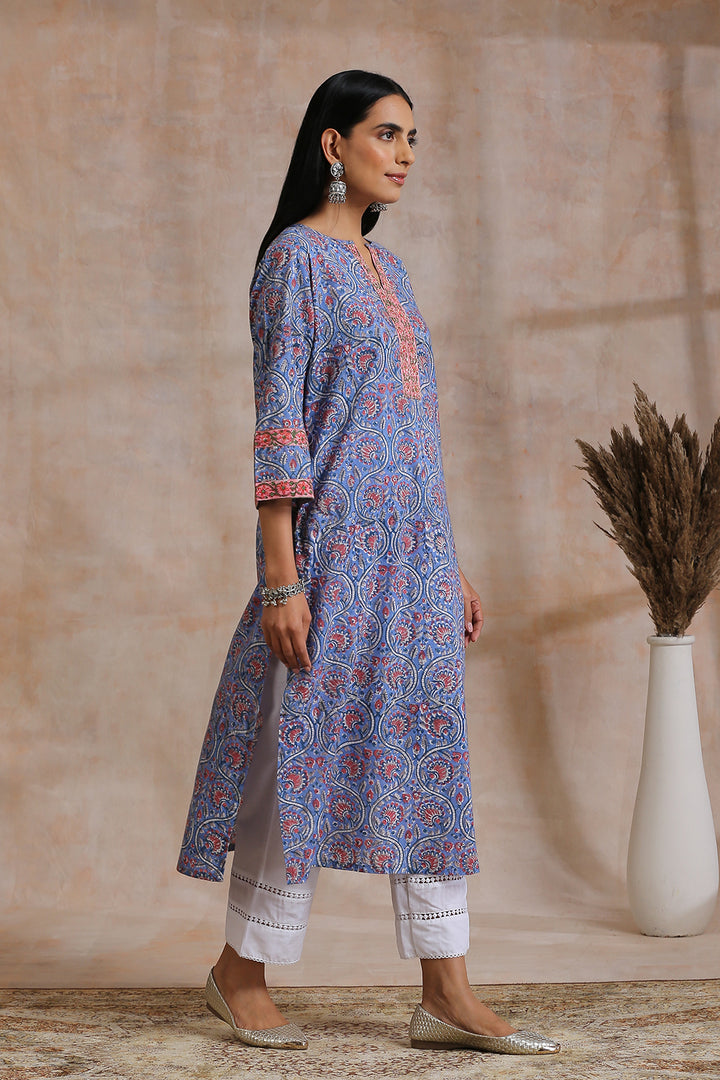 Blue Hand Block Printed Sanganeri Kurta - Tahiliya