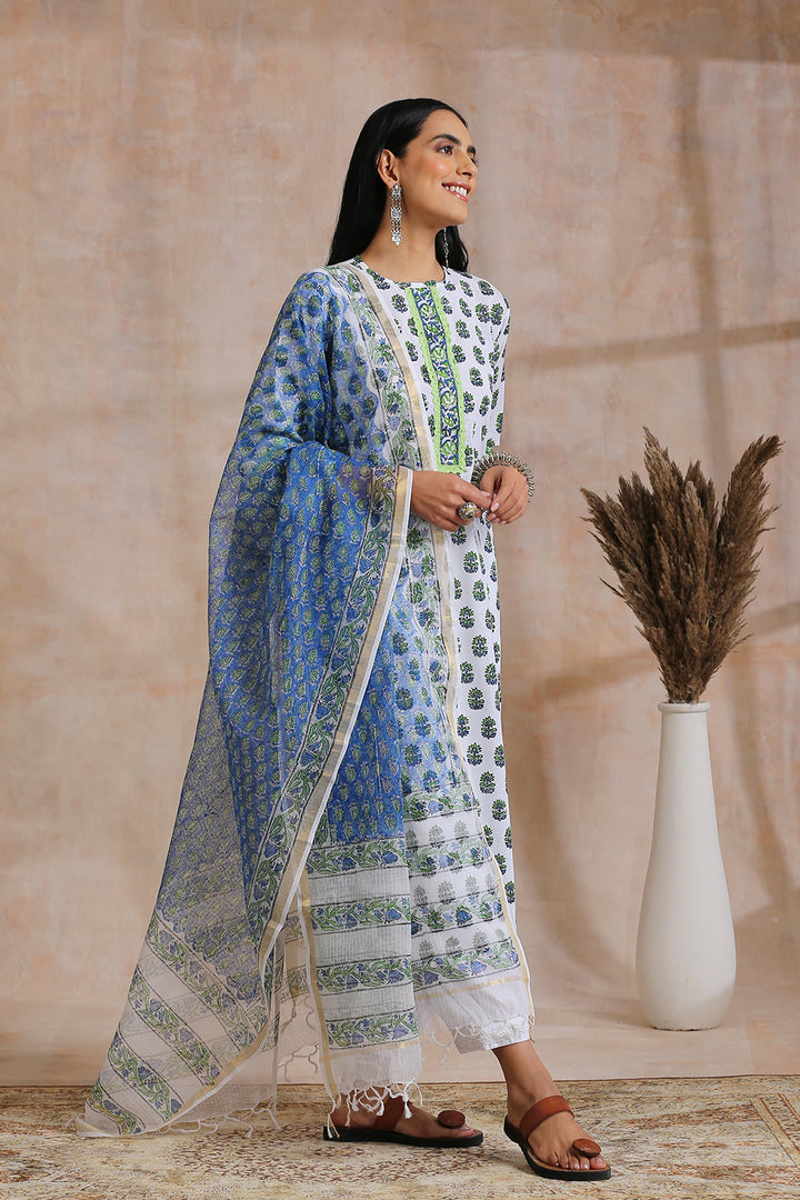 Blue/Green Hand Block Printed Kota Doria Dupatta - Tahiliya