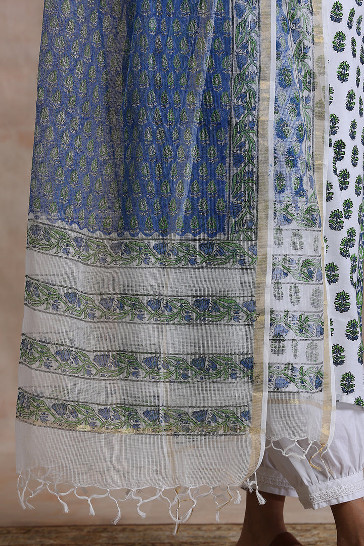 Blue/Green Hand Block Printed Kota Doria Dupatta - Tahiliya