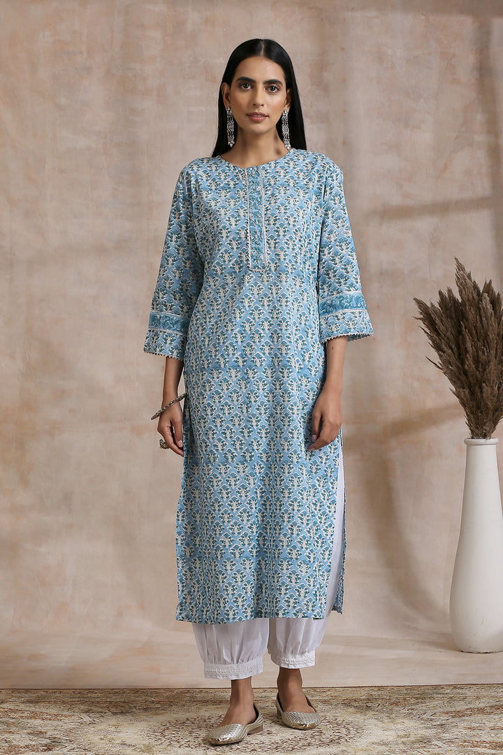 Sky Blue Hand Block Printed Kurta - Tahiliya