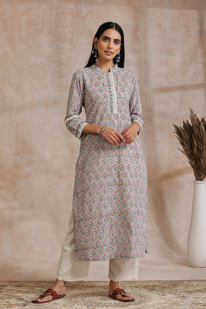 Olive Green / Pink Hand Block Printed Kurta - Tahiliya