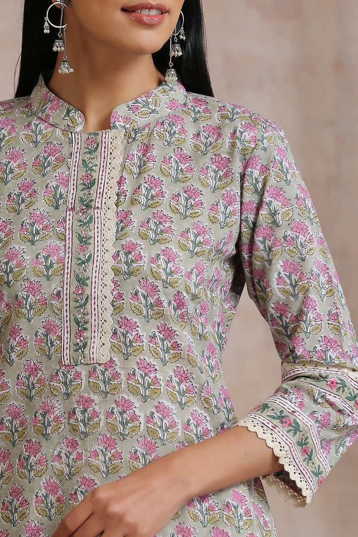 Olive Green / Pink Hand Block Printed Kurta - Tahiliya