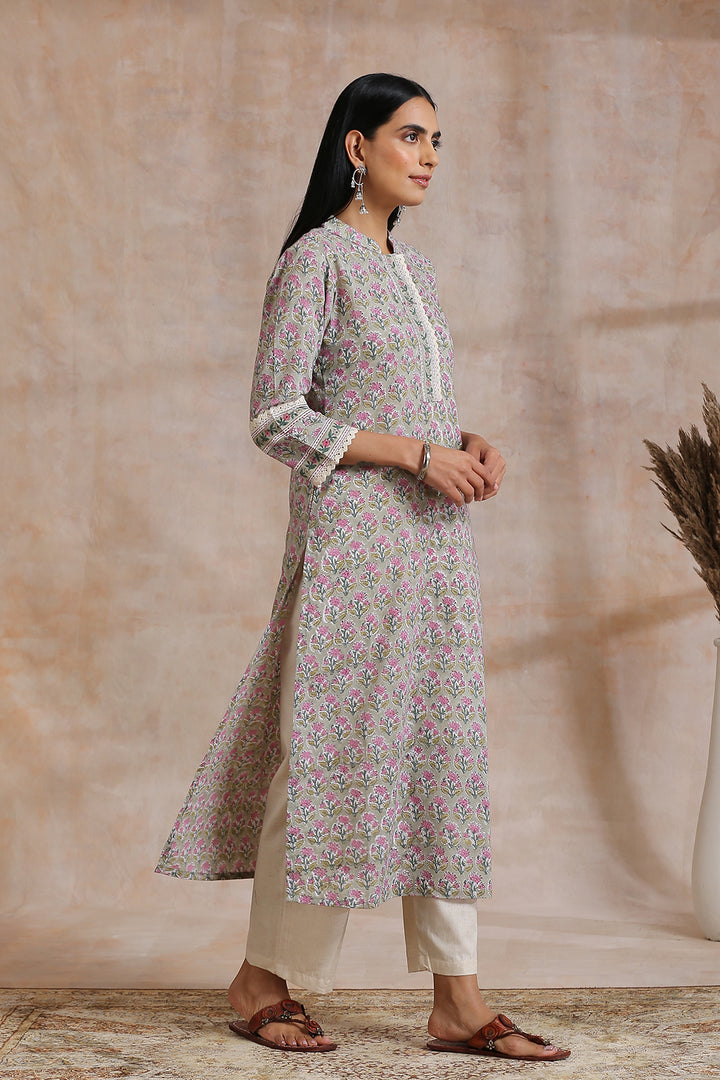 Olive Green / Pink Hand Block Printed Kurta - Tahiliya