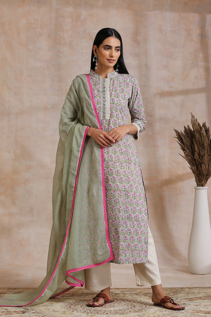 Olive Green / Pink Hand Block Printed Kurta - Tahiliya