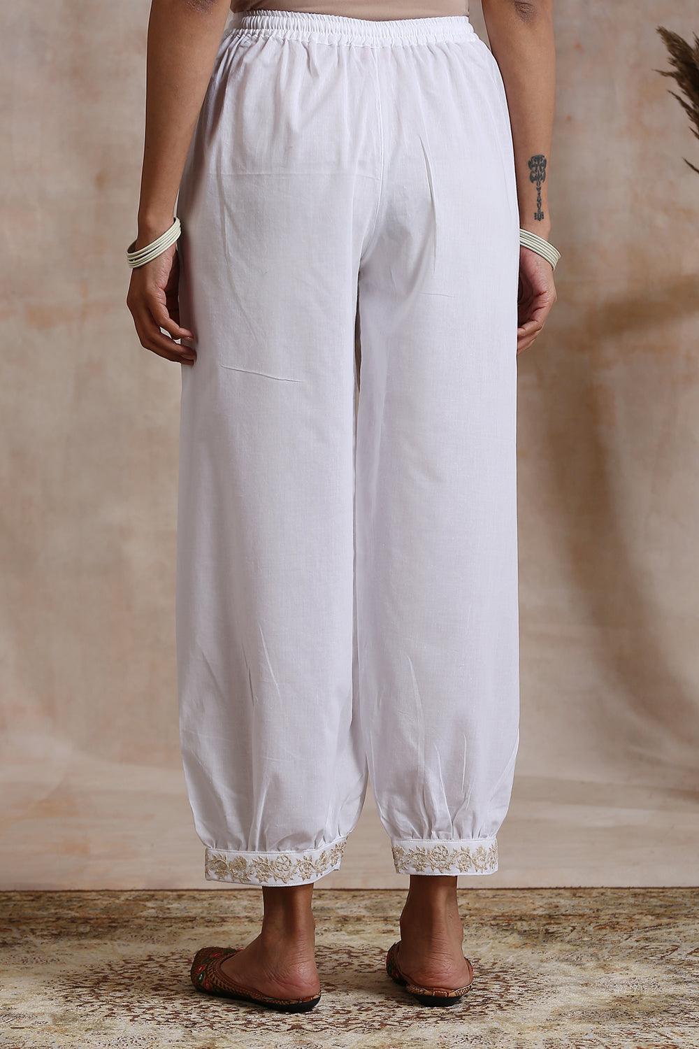 White Cotton Embroidered Izhaar Pants - Tahiliya