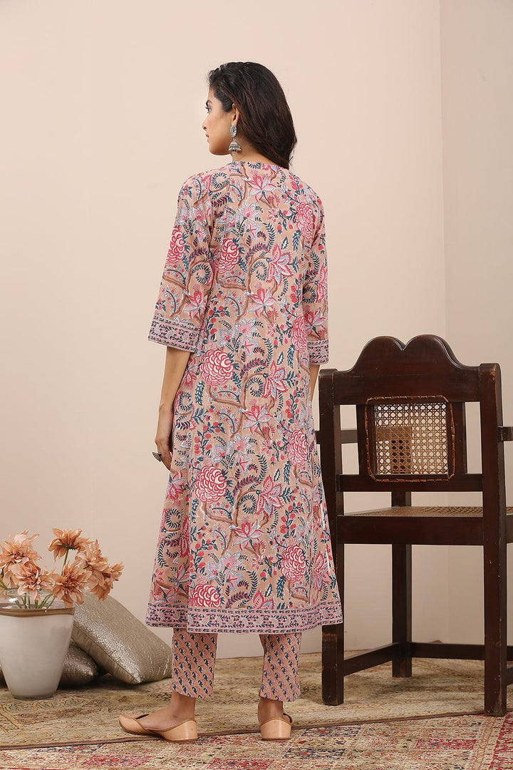 Brown Pink Hand Block Printed A Line Kurta - Tahiliya