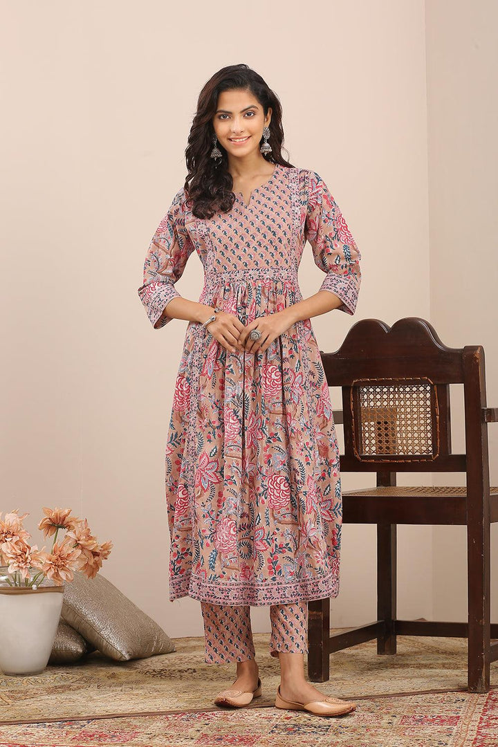 Brown Pink Hand Block Printed A Line Kurta - Tahiliya