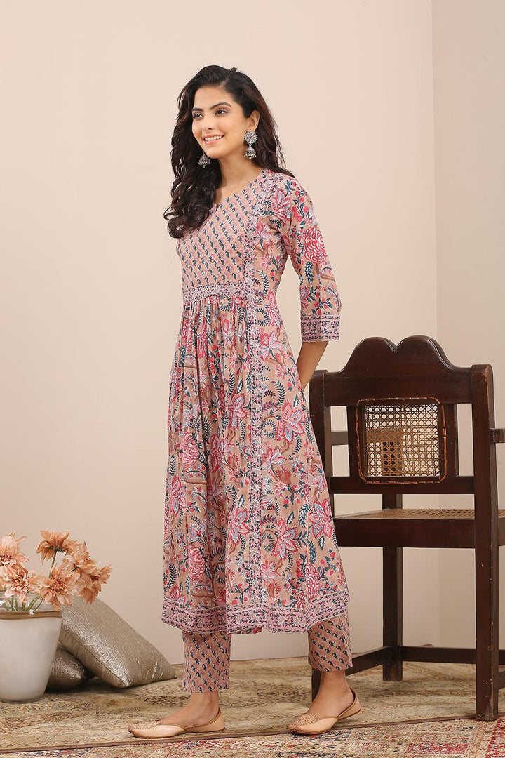 Brown Pink Hand Block Printed A Line Kurta - Tahiliya