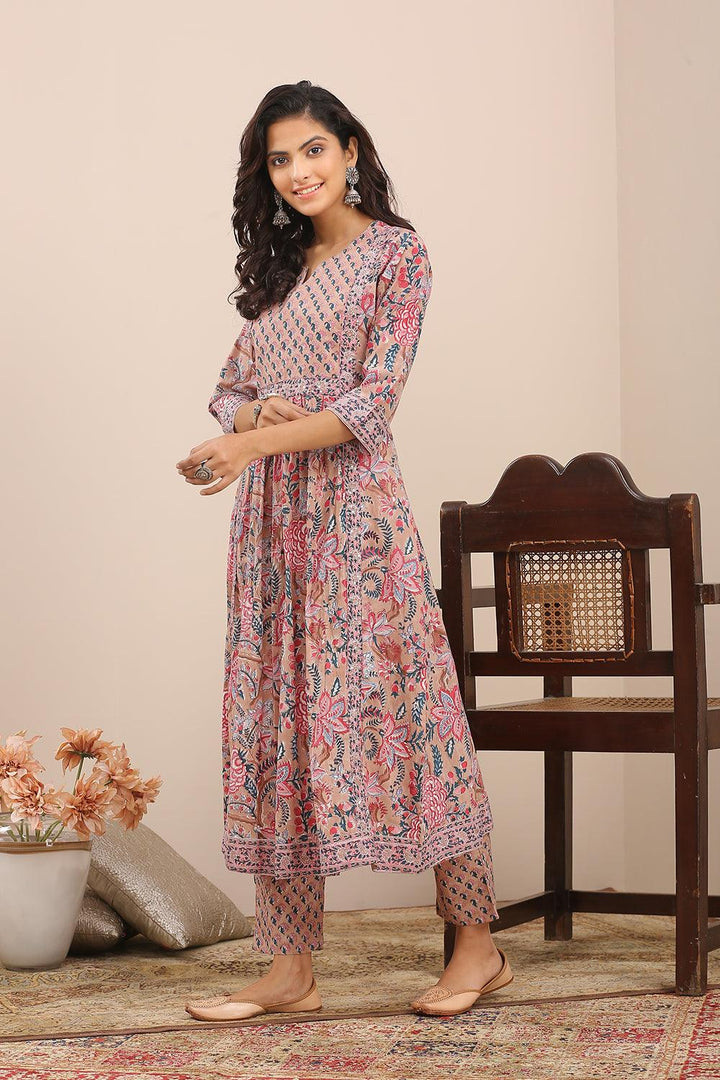 Brown Pink Hand Block Printed A Line Kurta - Tahiliya